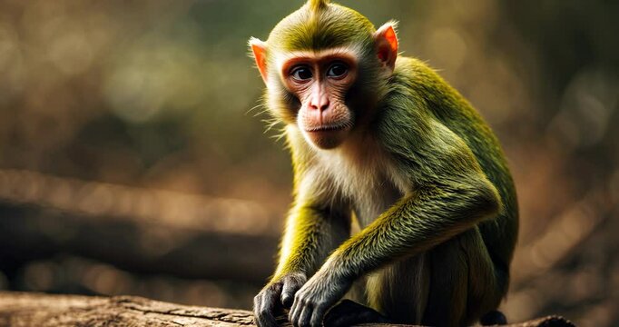 Close-up image of a green monkey perched on a log in its natural habitat.