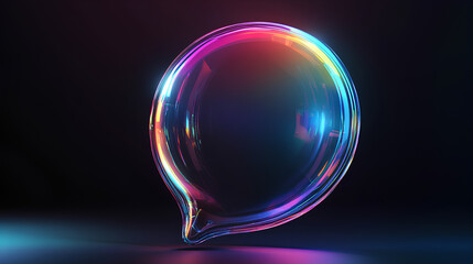 glass holographic speech bubble, chat icon for text, message, dialog. Rainbow crystal web notification symbol with morphism gradient. Circle communication social dialogue