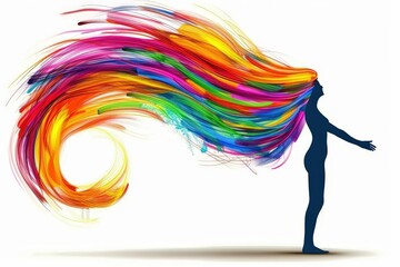 Fototapeta premium A silhouette of a woman with vibrant, multicolored hair flowing creatively, symbolizing freedom and artistic expression.