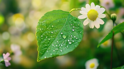 Vibrant green leaf with dewdrops amidst blooming wildflowers, symbolizing nature's resilience and beauty.
