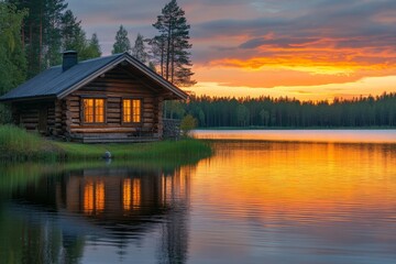 Fototapeta premium Cozy wooden cabin by the lake during sunset with reflection