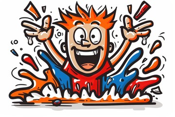 Fototapeta premium A cheerful cartoon character with spiky orange hair splashes joyfully in colorful water, exuding excitement and fun.