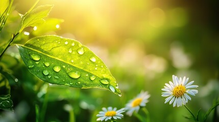 Vibrant green leaf with dewdrops amidst blooming wildflowers, symbolizing nature's resilience and beauty.
