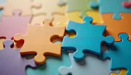 Fototapeta premium Close-up of two colorful puzzle pieces about to connect, soft lighting