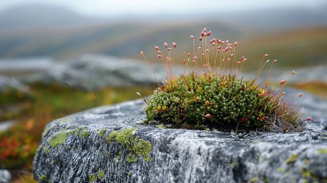 Conservation of Dwarf Rock Moss Andreaea rupestris Alpine Specialist Risk Show delicate patch of Dwarf Rock Moss clinging high altitude granite surface surviving harsh winter wind researcher assess