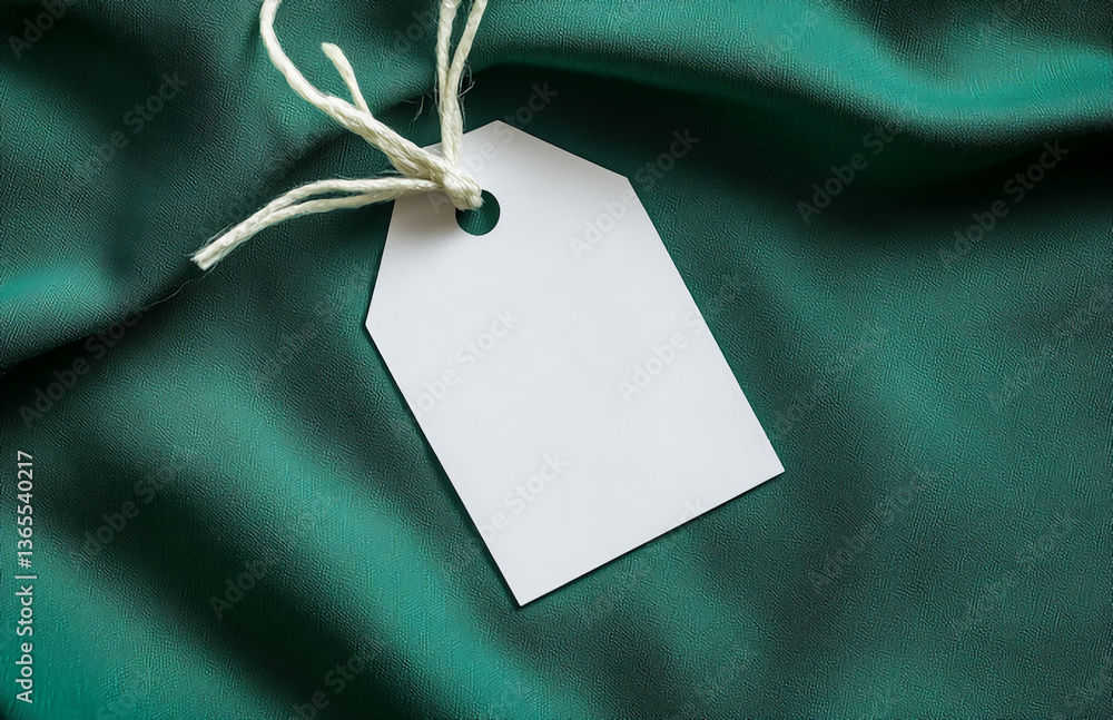 Poster a blank white tag with string on a draped green fabric surface in a studio setting for product displ