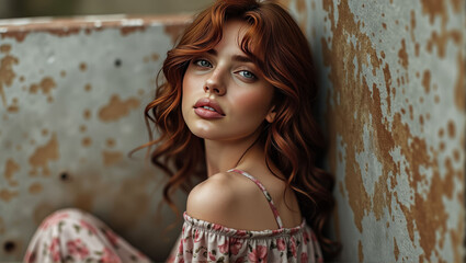 Fototapeta premium A woman with long red hair and a floral dress is sitting against a wall. She has a pretty smile and is looking directly at the camera