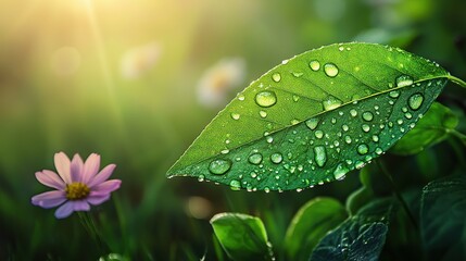 Vibrant green leaf with dewdrops amidst blooming wildflowers, symbolizing nature's resilience and beauty.

