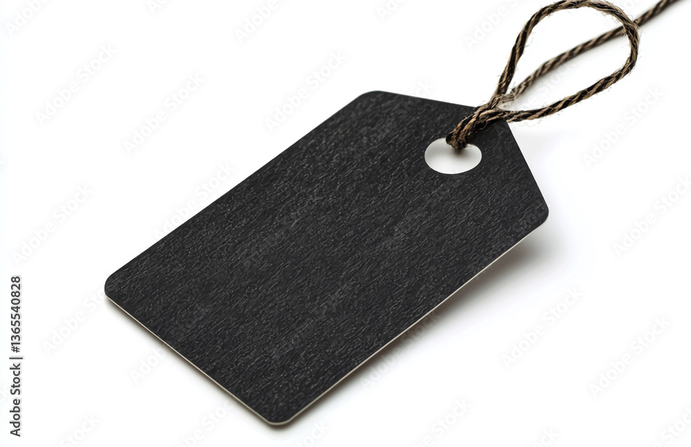Poster a close up of a black tag with a string on a white background in a studio setting showing texture