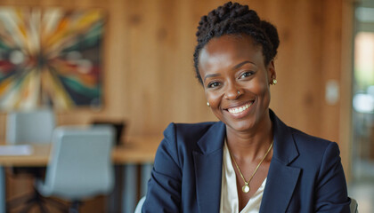 A portrait headshot photo of a friendly professional CEO executive business worker: A smiling Black woman in professional attire sits confidently in a modern office space, radiating warmth and ap