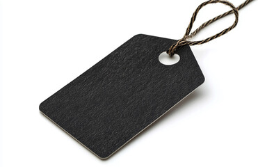 A close up of a black tag with a string on a white background in a studio setting showing texture