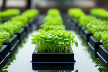 Fresh green microgreens growing in black trays in indoor farm. Bright natural light highlights vibrant colors. Concept of sustainable agriculture, healthy eating, organic farming