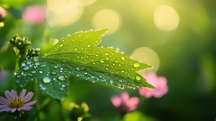 Vibrant green leaf with dewdrops amidst blooming wildflowers, symbolizing nature's resilience and beauty.
