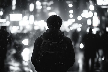 Silhouette of man standing alone in city lights at night in black and white