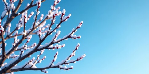 Close-up of stark winter branches against blue sky, twigs, winter, minimal