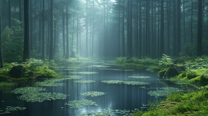 Misty forest path reflecting in tranquil pond
