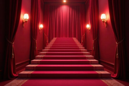 Crimson carpet ascends grand staircase, flanked by shimmering lights & plush velvet curtains , fabric, illumination, luxury
