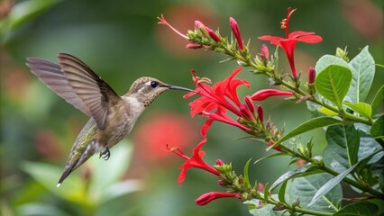 Fototapeta premium Hummingbird feeding on red flowers