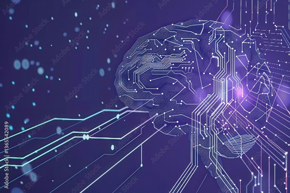 Aufkleber a digital illustration of a brain intertwined with circuit patterns, symbolizing the fusion of neuro