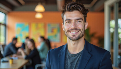 Obraz premium A portrait headshot photo of a friendly professional CEO executive business worker: A smiling young man with brown hair and a beard confidently poses in a modern cafe with blurred patrons in the 