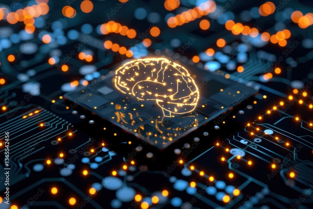 Poster a glowing brain symbol on a microchip surrounded by electronic circuits and lights, representing tec
