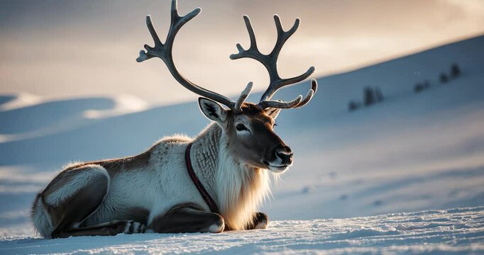 Gorgeous arctic reindeer with sizable horns resting on the snow in the light of sunset