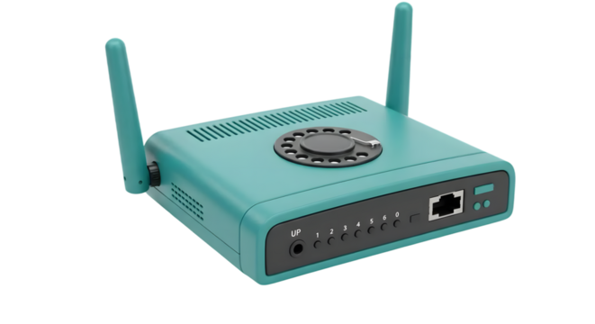 Modern teal wireless router with dual antennas, multiple ports, and indicator lights on a white background showcasing technology and connectivity - Powered by Adobe