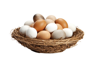 A rustic wicker basket filled with fresh organic eggs, arranged neatly on a white background