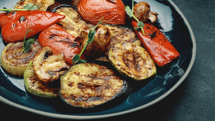 Baked vegetables, tomatoes, eggplant, zucchini, sweet pepper and champignon mushrooms