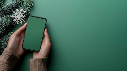 Woman's Hands Holding Smartphone with Blank Screen Green Christmas Background