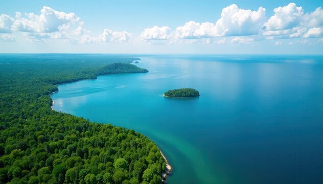 Aerial view of Lake Huron, showing coastline and islands , topography, environment