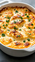 Creamy potato gratin, browned cheese topping, fresh parsley garnish in a white baking dish