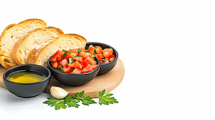 Crusty bread slices, diced tomatoes, olive oil, and garlic on a wooden board