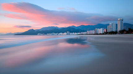 Fototapeta premium Pink Sunset over Ocean Beach with City Skyline