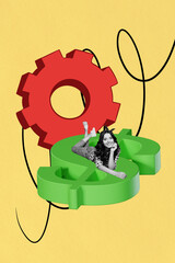 Vertical sketch 3d artwork collage poster of happy businesswoman girl lay dollar symbol currency income success profit gears