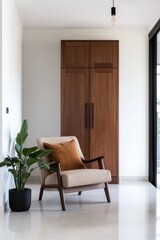 Modern apartment, lounge chair, wood cabinet, plant, minimalist decor, interior design