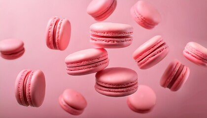 Obraz premium pink macarons are suspended in mid air against a pastel background creating a visually appealing image with a focus on the texture and color of these delicate french pastries