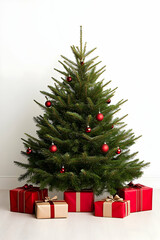 Decorated Christmas tree with red and beige gifts