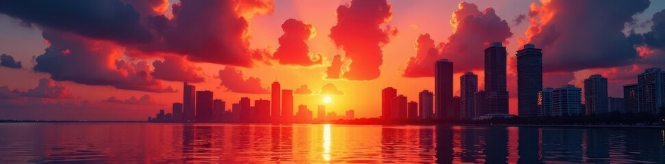 Fototapeta premium Silhouetted skyscrapers against a fiery sunset over Biscayne Bay , image, hdr, miami