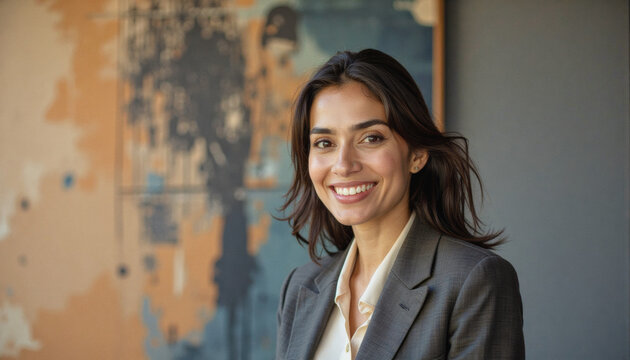 A portrait headshot photo of a friendly professional CEO executive business worker: A smiling woman in a gray suit jacket and cream blouse stands confidently in front of an abstract orange and gr