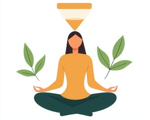 Self development successful concepts. A serene illustration of a woman meditating, surrounded by leaves, symbolizing mindfulness and tranquility.