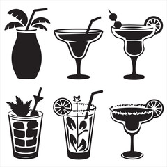 set vector various tropical drink, coconut drink clipart, glass tropical drink silhouettes