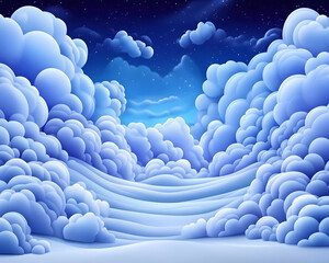 Dreamy nightscape of stylized clouds and snowy hills under a starry sky