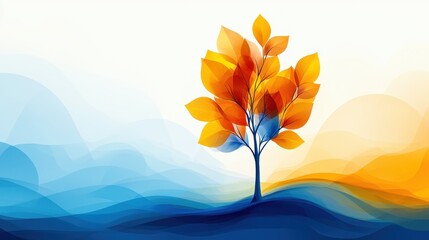 Autumn tree on abstract hills, seasonal change, nature background, design element
