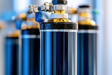 Gas cylinders arranged neatly in industrial space with polished metal designs. Bright light enhances visual appeal in work environment. Concept of manufacturing, engineering, safety equipment
