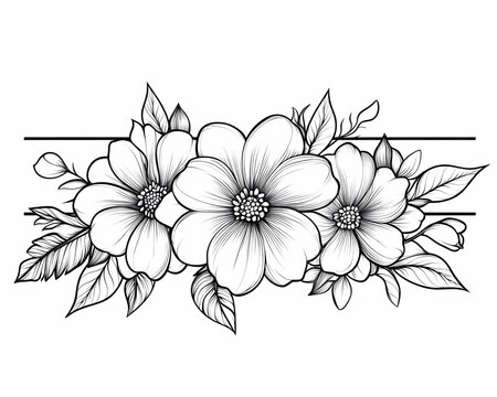Elegant black and white floral arrangement with three large blooms and accompanying foliage, separated by a horizontal line