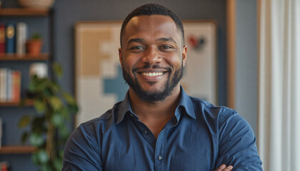 Obraz premium A portrait headshot photo of a friendly professional CEO executive business worker: A smiling Black man with a beard confidently poses with his arms crossed in a brightly lit interior space.