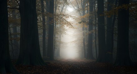 Forest in fog with mist. Fairy spooky looking woods in a misty day