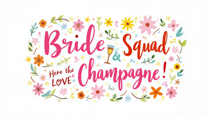 Vibrant Bride Squad and Champagne Typography with Colorful Floral Border