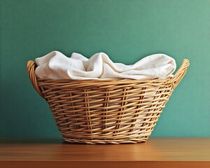 A laundry basket full of on a table against a green wall background